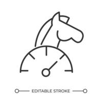 Horsepower linear icon. Horse and speedometer. Power measurement. Vehicle performance. Motor strength and efficiency. Thin line illustration. Contour symbol. outline drawing. Editable stroke vector