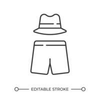 Swim shorts and fedora hat linear icon. Vacation clothing. Men's fashion. Stylish beachwear. Summer outfit. Thin line illustration. Contour symbol. outline drawing. Editable stroke vector