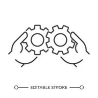 Collaboration linear icon. Hands holding gears. Symbol of teamwork and collective work. Process optimization. Thin line illustration. Contour symbol. outline drawing. Editable stroke vector