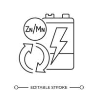 Battery reprocessing linear icon. Rechargeable lithium. Accumulator sustainability. Alkaline battery recycling. Thin line illustration. Contour symbol. outline drawing. Editable stroke vector