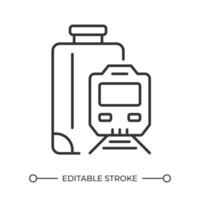 Train travel linear icon. Train and suitcase. Urban transport. Communting. Train station. Eco friendly travel. Thin line illustration. Contour symbol. outline drawing. Editable stroke vector