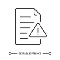 File error linear icon. Document and exclamation icon. Data corruption. Digital issue. Alert symbol. Data loss risk. Thin line illustration. Contour symbol. outline drawing. Editable stroke vector