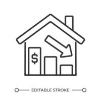 Decrease in home prices linear icon. Economic crisis and downturn. Real estate market. Mortgage rates. Thin line illustration. Contour symbol. outline drawing. Editable stroke vector