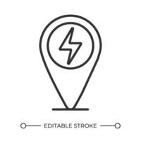 Charging station location linear icon. Electric vehicle charging. Lightning bolt and map maker. Electric car service. Thin line illustration. Contour symbol. outline drawing. Editable stroke vector