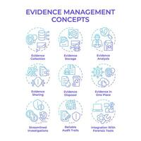 Evidence management blue gradient concept icons. Forensic analysis, judicial system. Technological advancement. Icon pack. Round shape illustrations for infographic. Abstract idea vector