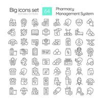 Pharmacy management system linear icons set. Medications customizing, dosage medicine. Patient needs. Customizable thin line symbols. Isolated outline illustrations. Editable stroke vector