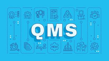 QMS blue word concept. Smart objectives, quality metrics. Company organization, project management. Horizontal image. Headline text surrounded by editable outline icons vector