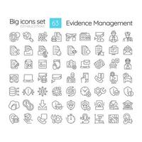 Evidence management linear icons set. Surveillance footage, digital investigations. Forensic analysis. Customizable thin line symbols. Isolated outline illustrations. Editable stroke vector