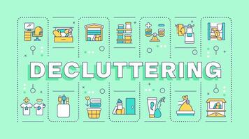 Decluttering green word concept. House cleanup, cloth sorting. Cleaning services, organized desk. Typography banner. Illustrationwith title text, editable icons color vector