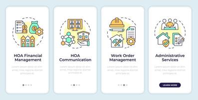 HOA management services onboarding mobile app screen. Walkthrough 4 steps editable graphic instructions with linear concepts. UI, UX, GUI template vector