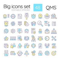 QMS RGB color icons set. Quality management, smart goals. Organizational structure, performance improvement. Isolated illustrations. Simple filled line drawings collection. Editable stroke vector