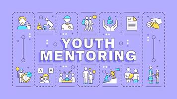 juventud mentoring púrpura palabra concepto. habilidad desarrollo, holístico crecimiento. yo garantía. tipografía bandera. ilustracióncon título texto, editable íconos color vector