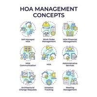 HOA management multi color concept icons. Administrative services, association community. Icon pack. Round shape illustrations for infographic, presentation. Abstract idea vector