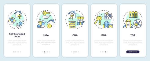 Owners association types onboarding mobile app screen. Walkthrough 5 steps editable graphic instructions with linear concepts. UI, UX, GUI template vector