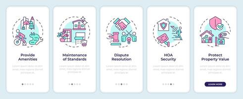 HOA pros onboarding mobile app screen. Property management. Walkthrough 5 steps editable graphic instructions with linear concepts. UI, UX, GUI template vector