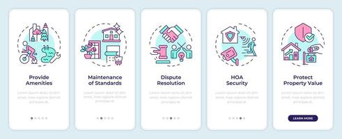 HOA pros onboarding mobile app screen. Property management. Walkthrough 5 steps editable graphic instructions with linear concepts. UI, UX, GUI template vector