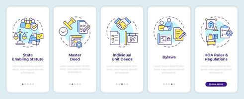 Condominium law administration onboarding mobile app screen. Walkthrough 5 steps editable graphic instructions with linear concepts. UI, UX, GUI template vector