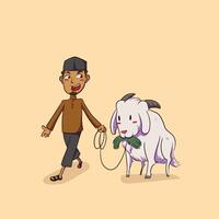 man brings a goat for Eid al-Adha cartoon vector