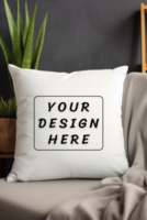 wit hoofdkussen mockup Aan sofa met fabriek achter psd