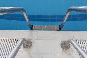 Swimming pool with clear water on a bright sunny day while on vacation and travel. photo