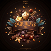 A chocolate themed poster with a ribbon and various chocolate treats psd