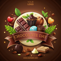 A chocolate themed poster with a ribbon and various chocolate treats psd