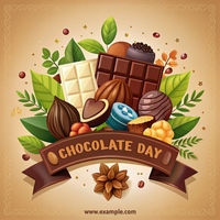 A chocolate themed poster with a ribbon and various chocolate treats psd