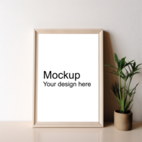 Mockup of beige frame for poster or picture on table with potted flower psd