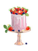Strawberry cake on plate with blueberry, blossoms and leaves still life style illustration. png