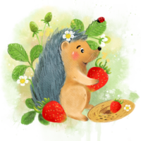 Cute hedgehog character as a vintage gardener is holding a strawberry. Spring or summer garden work children hand drawn watercolor illustration on a transparent background. png