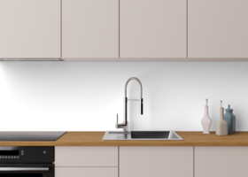 Modern kitchen splashback mockup. Kitchen furniture and empty, transparent backwall ready to insert picture, print. Minimalist design. Back wall mock up, template. Countertop and upper cabinets. 3D. png