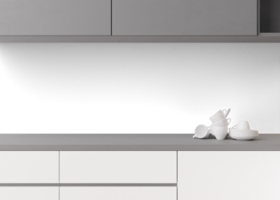 Modern kitchen splashback mockup. Kitchen furniture and empty, transparent backwall ready to insert picture, print. Minimalist design. Back wall mock up, template. Countertop and upper cabinets. 3D. png