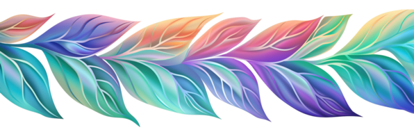 Holographic plants leaves, arranged in one line, on transparent background. Vibrant, iridescent color. Divider, separating graphic design element. Can be used as footer or header. png