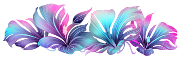 Holographic tropical flowers, arranged in one line, on transparent background. Vibrant, iridescent color. Divider, separating graphic design element. Can be used as footer or header. png