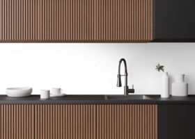 moderno cocina salpicadero Bosquejo. cocina mueble y vacío, transparente pared posterior Listo a insertar imagen, impresión. minimalista diseño. espalda pared burlarse de arriba, modelo. encimera y Superior gabinetes 3d. png