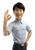 3d style illustration of an asian man with dark hair and wearing a short-sleeved, light blue shirt is making an ok sign. He has a smile on his face. isolated on transparent background. png