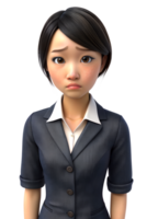 3d Karikatur Stil Illustration von ein jung Frau im ein Büro Uniform mit schwarz Haar ist suchen nach unten, suchen traurig png