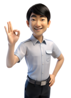 3d style illustration of an asian man with dark hair and wearing a short-sleeved, light blue shirt is making an ok sign. He has a smile on his face. isolated on transparent background. png