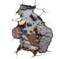 top view muddy puddle hole isolated on transparent background ,puddle hole with cracks , png