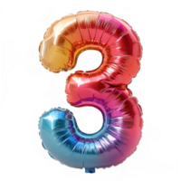 rainbow balloon in the shape of the number three isolated on transparent background , png