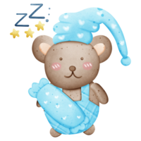 A cute brown bear is sleeping and hugging a pillow. Good night, sweet dreams png