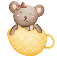 Cute brown bear with pink bow on head in cup isolated on transparent background png
