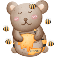 Cute brown bear wearing a bee suit and honey Honey sticks and bees fly around isolated on transparent background png