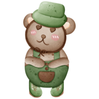 Cute brown bear in hiking clothes, hat and boots, camping with tent and hiking equipment. png