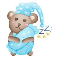 A cute brown bear is sleeping and hugging a pillow. Good night, sweet dreams png