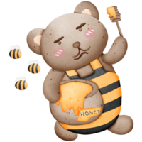 Cute brown bear wearing a bee suit and honey Honey sticks and bees fly around isolated on transparent background png