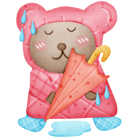 A cute brown bear wears a pink raincoat and blue boots and holds an umbrella in the rainy season isolated on transparent background png