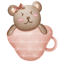 Cute brown bear with pink bow on head in cup isolated on transparent background png