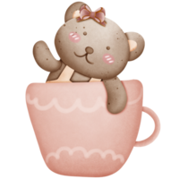 Cute brown bear with pink bow on head in cup isolated on transparent background png