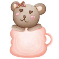 Cute brown bear with pink bow on head in cup isolated on transparent background png